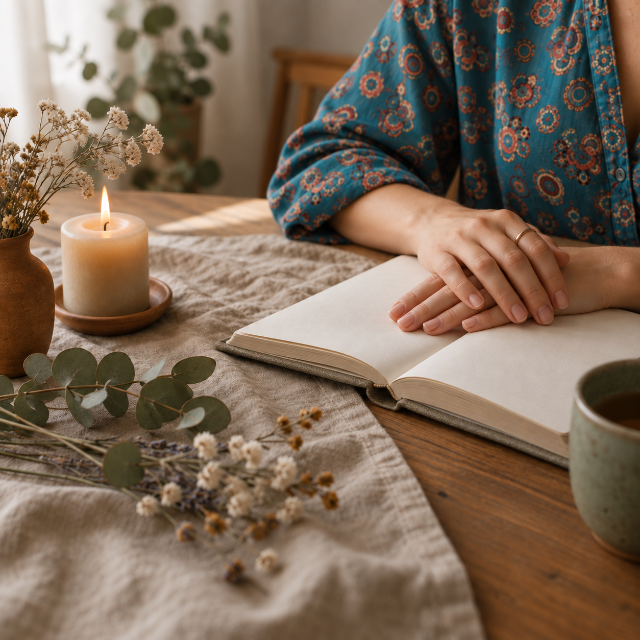 Mains posées sur un carnet ouvert, bougie et fleurs séchées — un temps d'écoute pour entrer en lien avec son guide